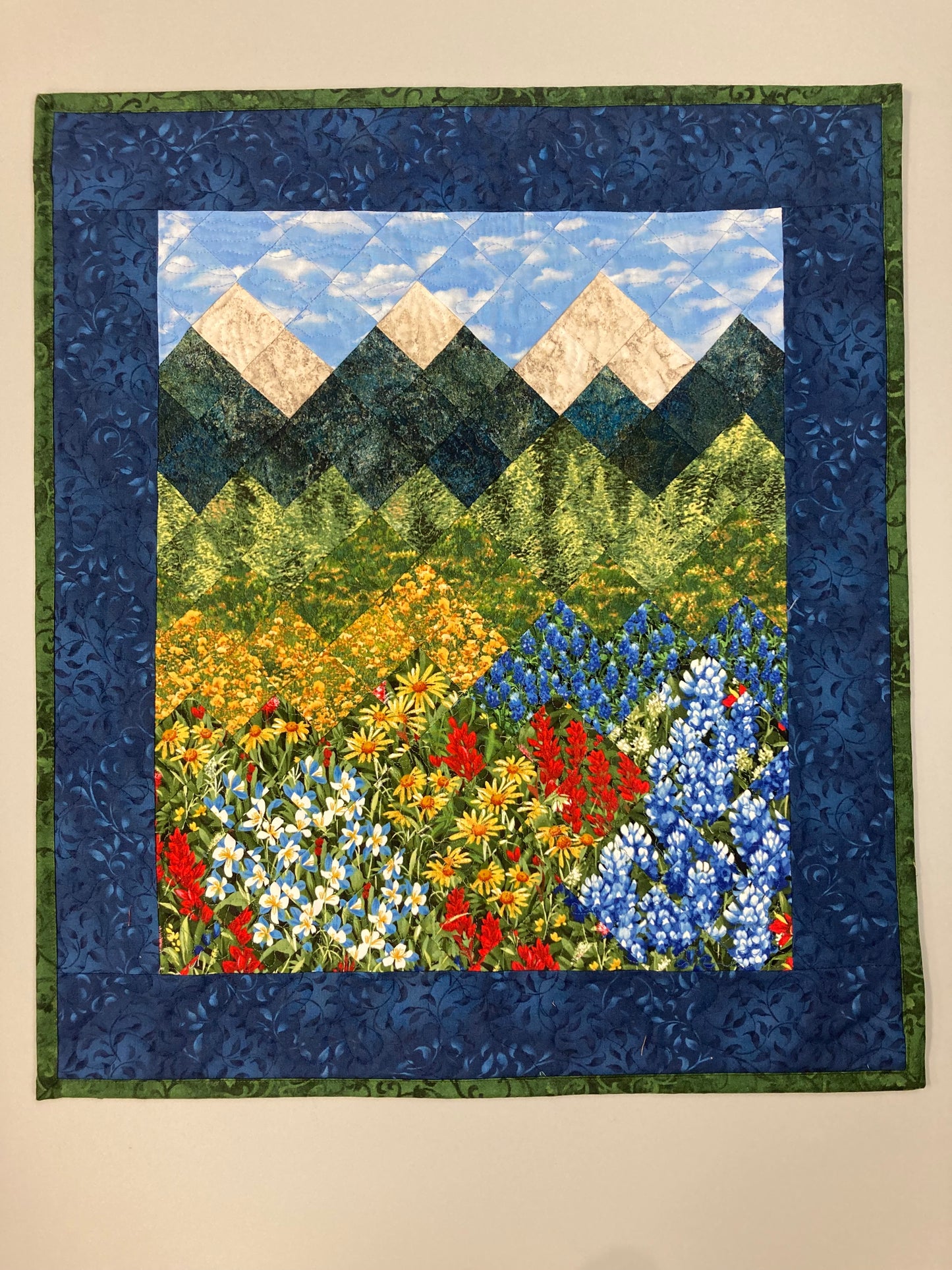 Wildflower Mountain Quilt Art Fabric Wall Hanging, Landscape Textile Art 20x23” Vertical Tapestry, Summer Blue Red Yellow Flowers Artwork