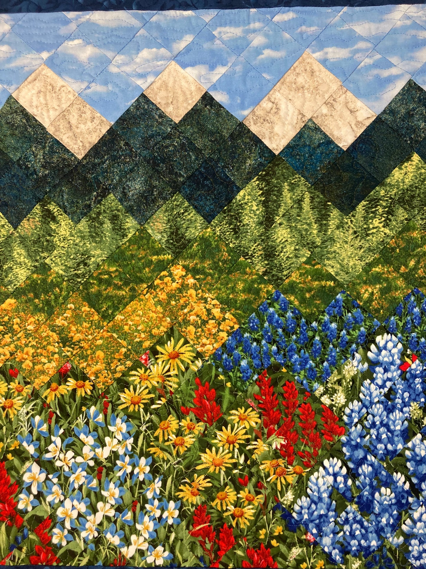 Wildflower Mountain Quilt Art Fabric Wall Hanging, Landscape Textile Art 20x23” Vertical Tapestry, Summer Blue Red Yellow Flowers Artwork