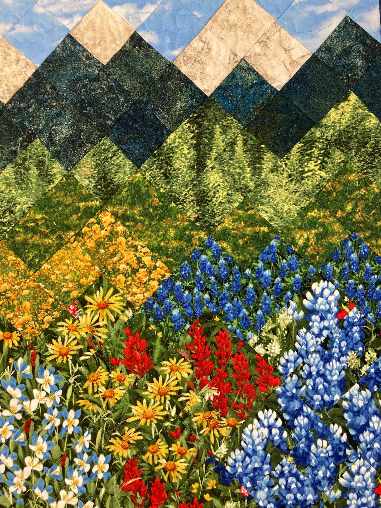 Wildflower Mountain Quilt Art Fabric Wall Hanging, Landscape Textile Art 20x23” Vertical Tapestry, Summer Blue Red Yellow Flowers Artwork