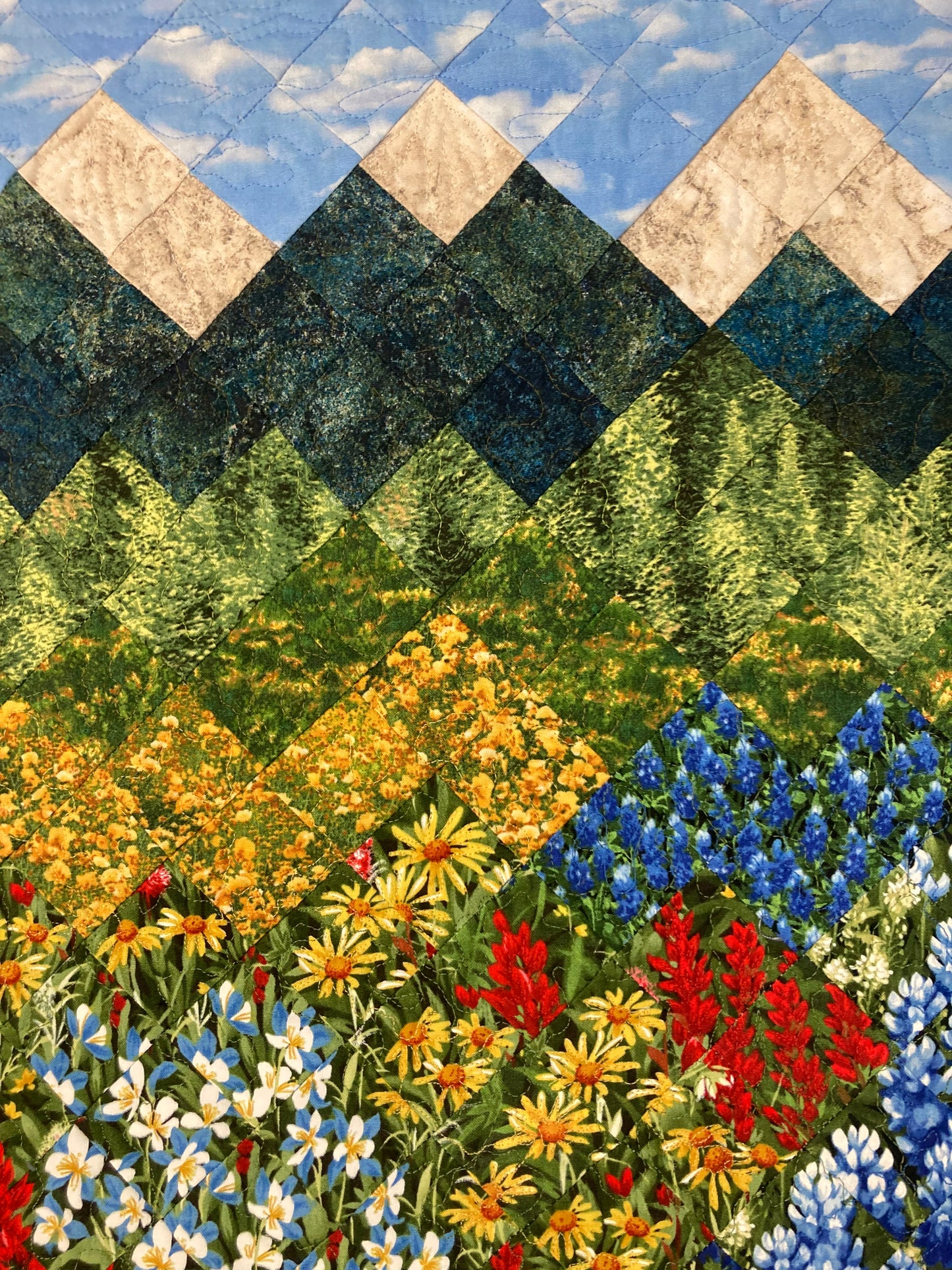 Wildflower Mountain Quilt Art Fabric Wall Hanging, Landscape Textile Art 20x23” Vertical Tapestry, Summer Blue Red Yellow Flowers Artwork