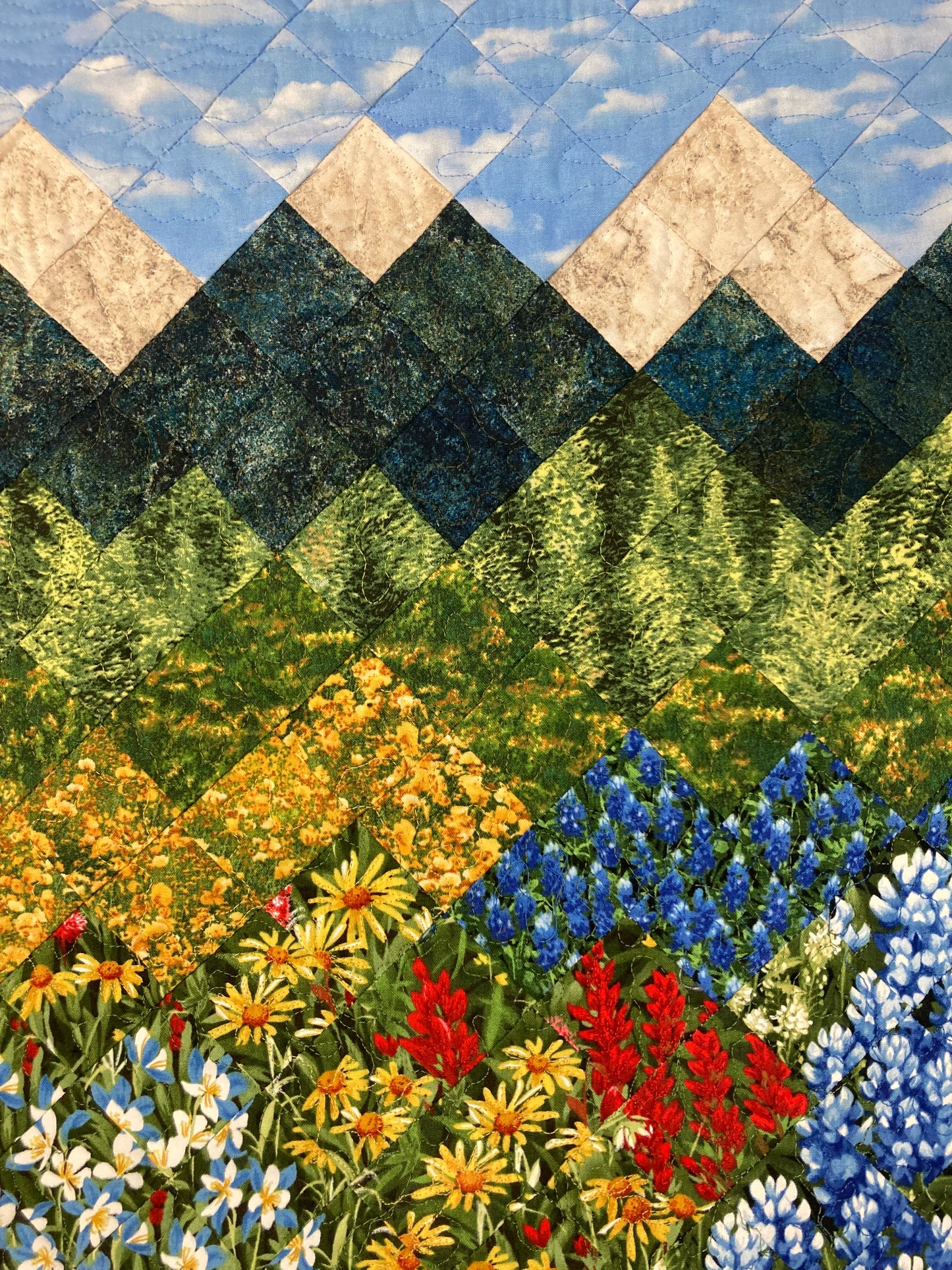 Wildflower Mountain Quilt Art Fabric Wall Hanging, Landscape Textile Art 20x23” Vertical Tapestry, Summer Blue Red Yellow Flowers Artwork