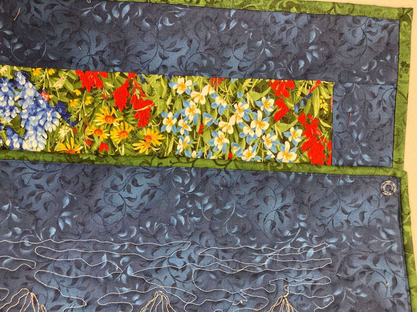 Wildflower Mountain Quilt Art Fabric Wall Hanging, Landscape Textile Art 20x23” Vertical Tapestry, Summer Blue Red Yellow Flowers Artwork