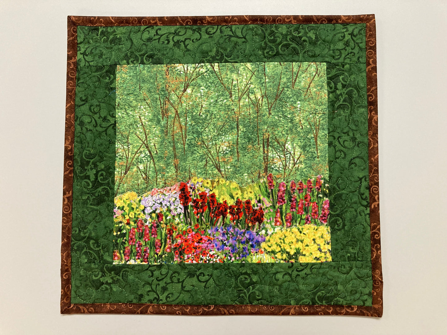 Art Quilt, Summer Forest Trees and Flowers, Fabric Wall Hanging, Landscape Tapestry, Red Yellow Purple Garden 14x15" Handmade Artwork