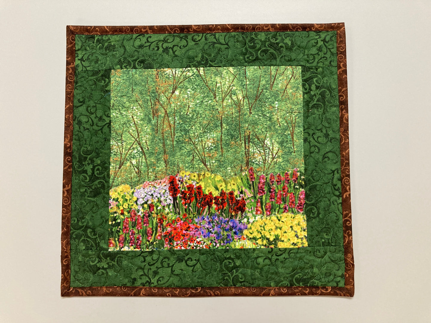 Art Quilt, Summer Forest Trees and Flowers, Fabric Wall Hanging, Landscape Tapestry, Red Yellow Purple Garden 14x15" Handmade Artwork