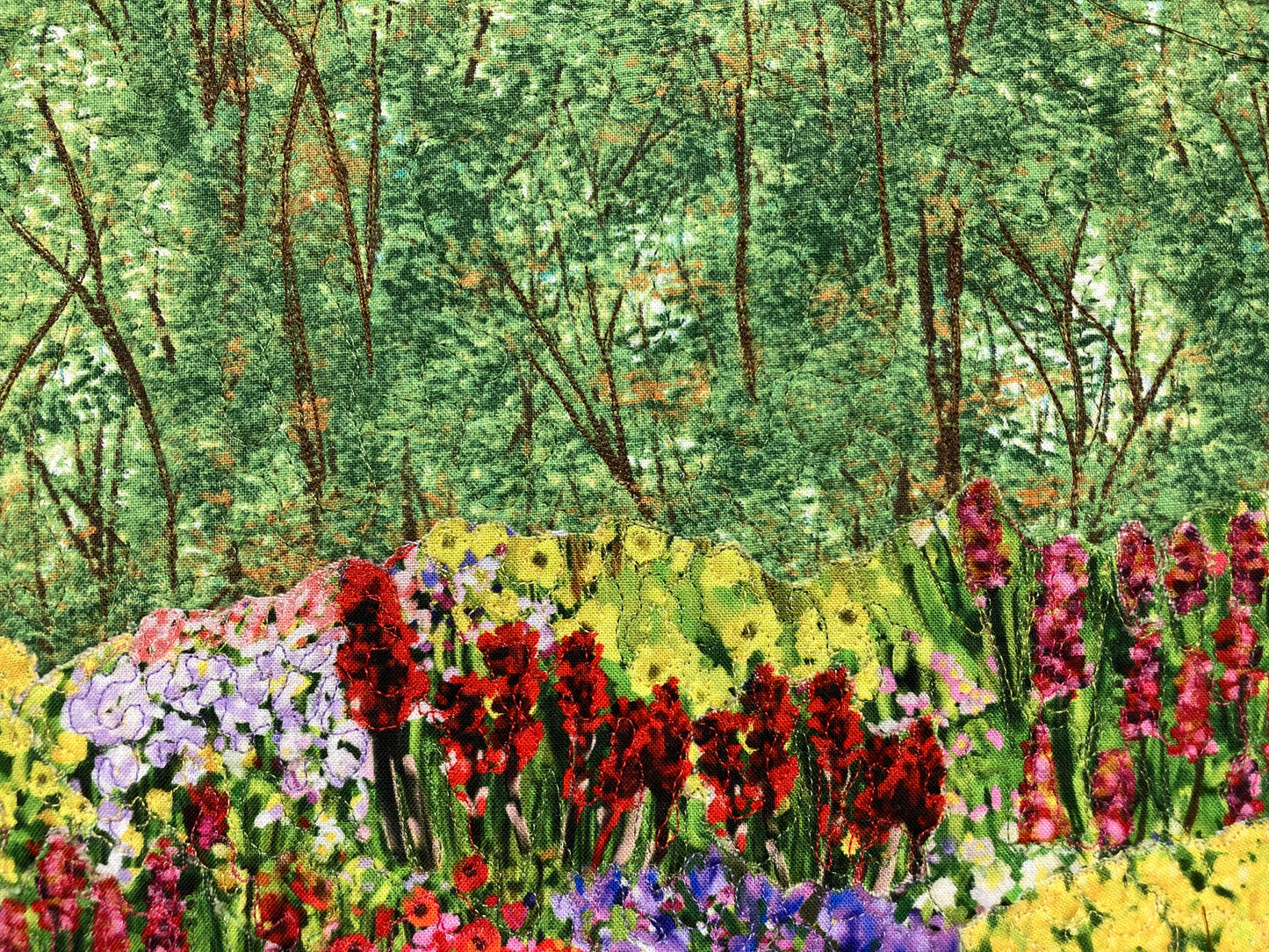 Art Quilt, Summer Forest Trees and Flowers, Fabric Wall Hanging, Landscape Tapestry, Red Yellow Purple Garden 14x15" Handmade Artwork