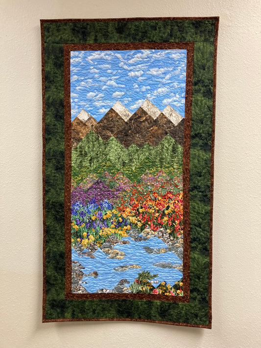 Landscape Art Quilt Tapestry, Summer Mountain Stream Flowers, Quilted Fabric Wall Hanging, 24x49" Textile Large Vertical