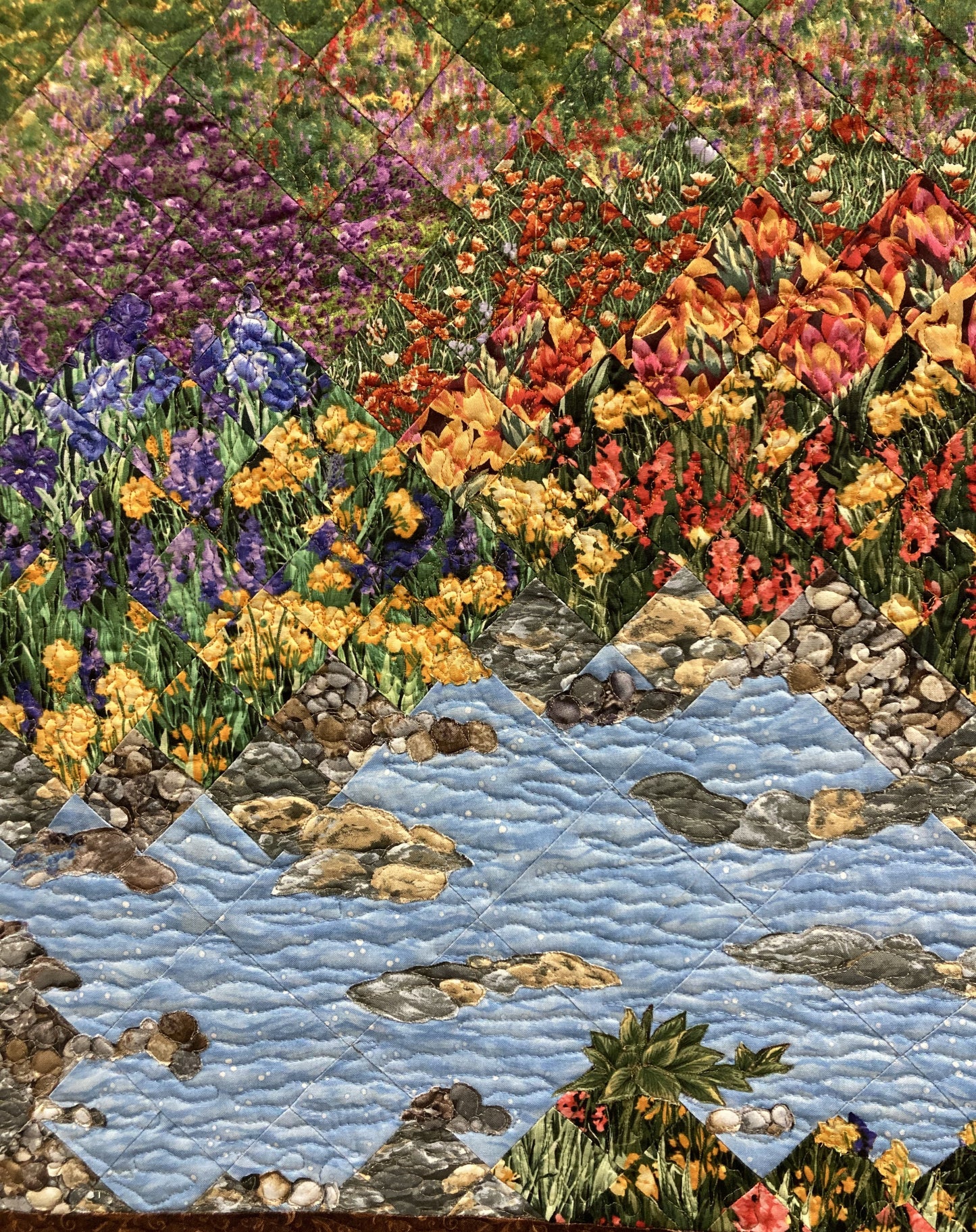 Landscape Art Quilt Tapestry, Summer Mountain Stream Flowers, Quilted Fabric Wall Hanging, 24x49" Textile Large Vertical