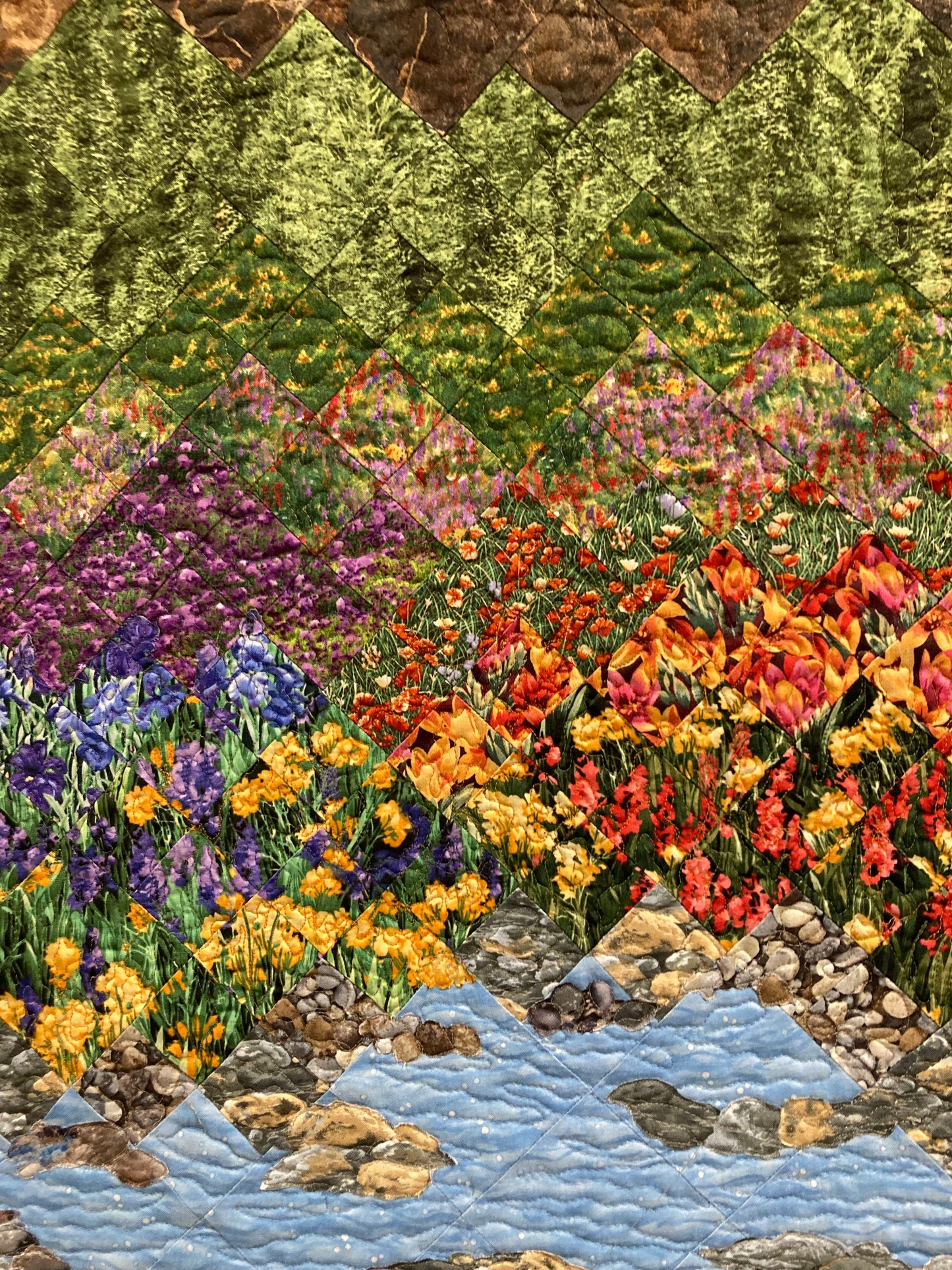 Landscape Art Quilt Tapestry, Summer Mountain Stream Flowers, Quilted Fabric Wall Hanging, 24x49" Textile Large Vertical