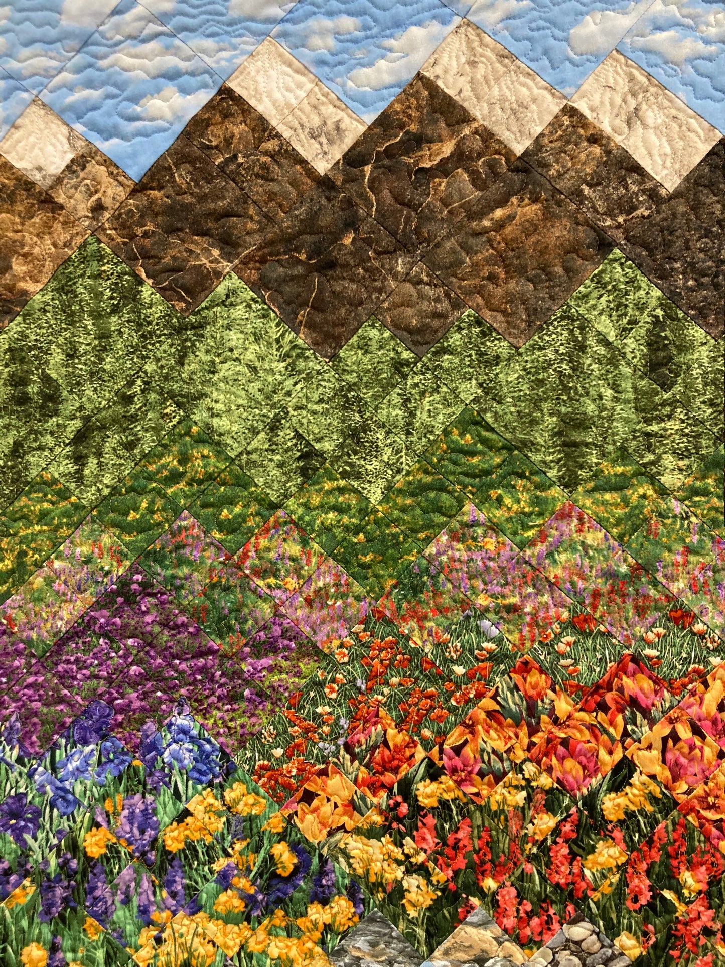 Landscape Art Quilt Tapestry, Summer Mountain Stream Flowers, Quilted Fabric Wall Hanging, 24x49" Textile Large Vertical