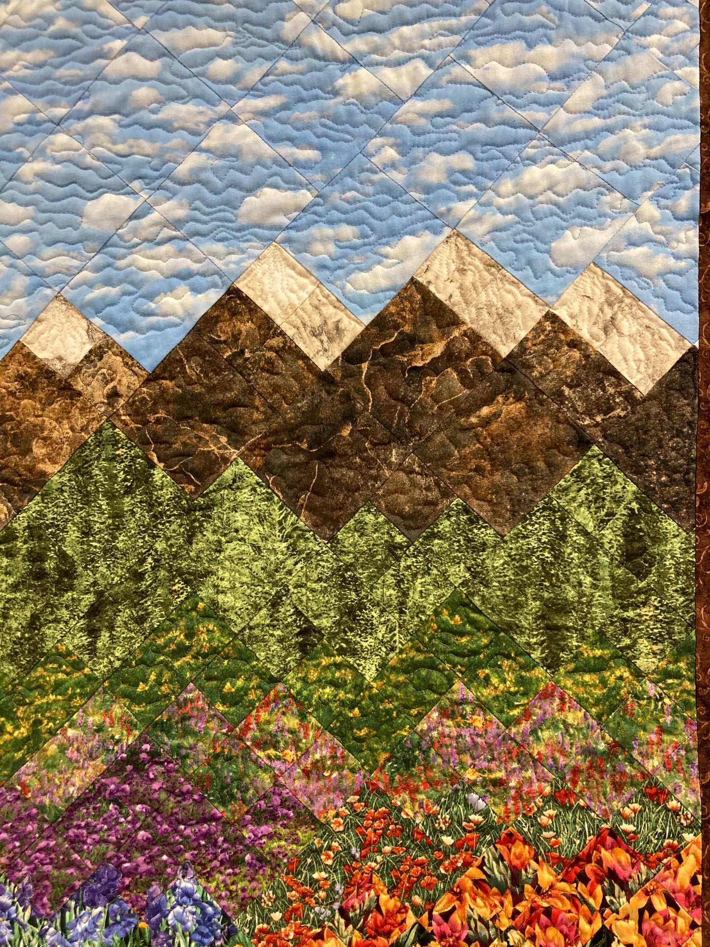 Landscape Art Quilt Tapestry, Summer Mountain Stream Flowers, Quilted Fabric Wall Hanging, 24x49" Textile Large Vertical