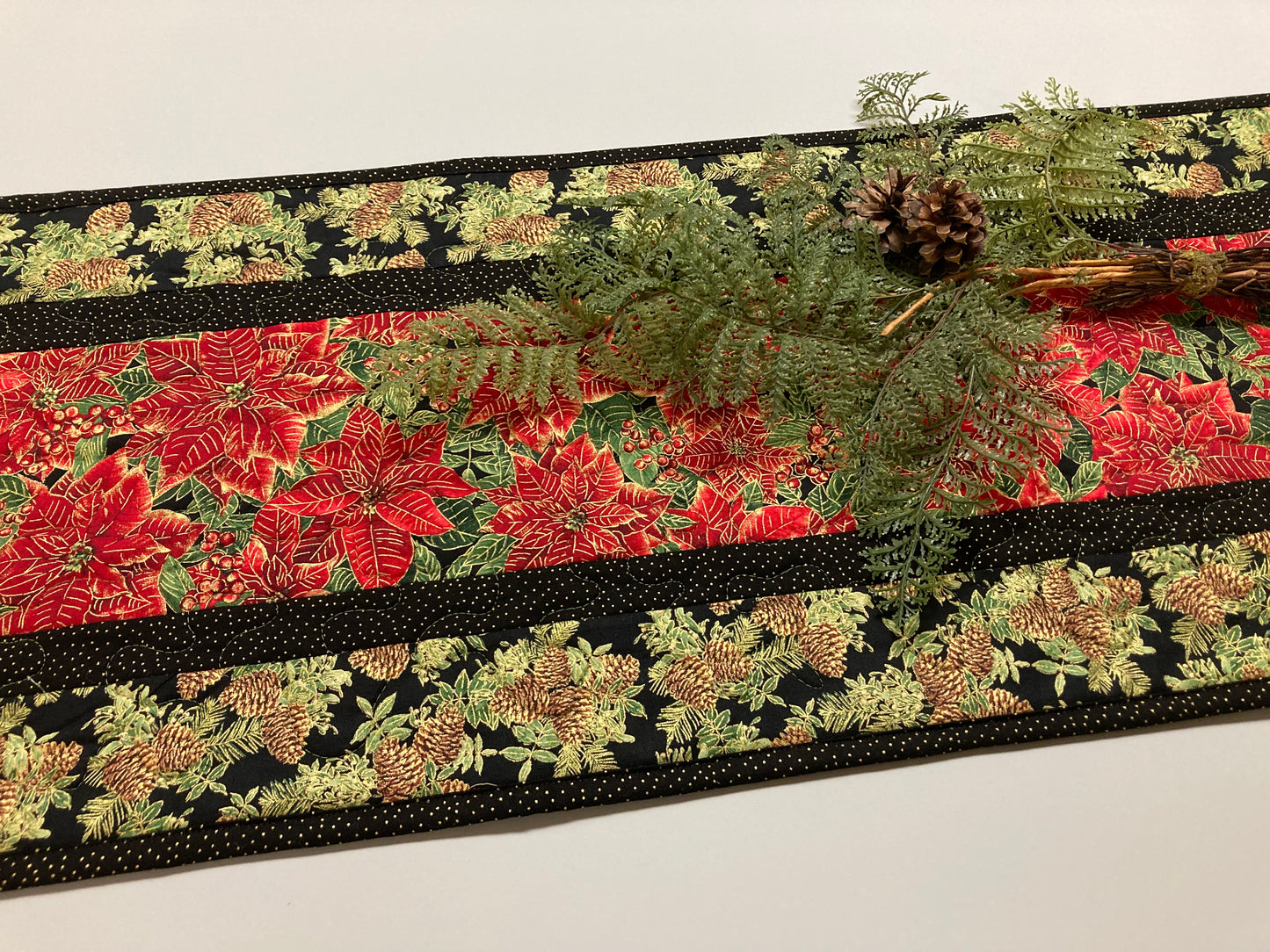 Christmas Holly Poinsettia Quilted Table Runner, Flowers Pine Cones, Winter Holiday Dining Coffee Table 13x48" Reversible Fall Leaves Autumn