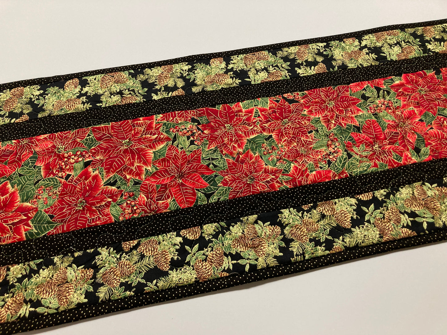 Christmas Holly Poinsettia Quilted Table Runner, Flowers Pine Cones, Winter Holiday Dining Coffee Table 13x48" Reversible Fall Leaves Autumn