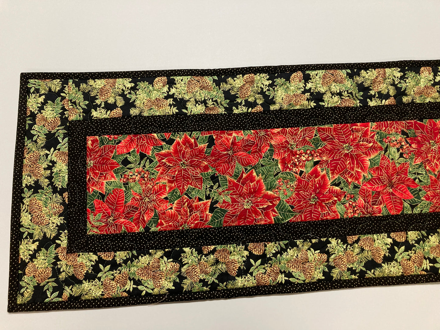 Christmas Holly Poinsettia Quilted Table Runner, Flowers Pine Cones, Winter Holiday Dining Coffee Table 13x48" Reversible Fall Leaves Autumn