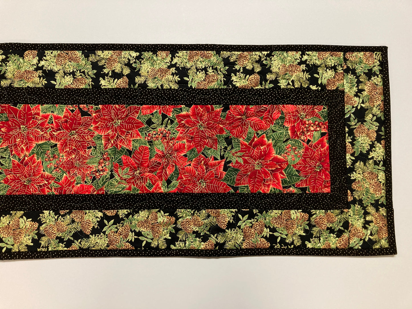 Christmas Holly Poinsettia Quilted Table Runner, Flowers Pine Cones, Winter Holiday Dining Coffee Table 13x48" Reversible Fall Leaves Autumn