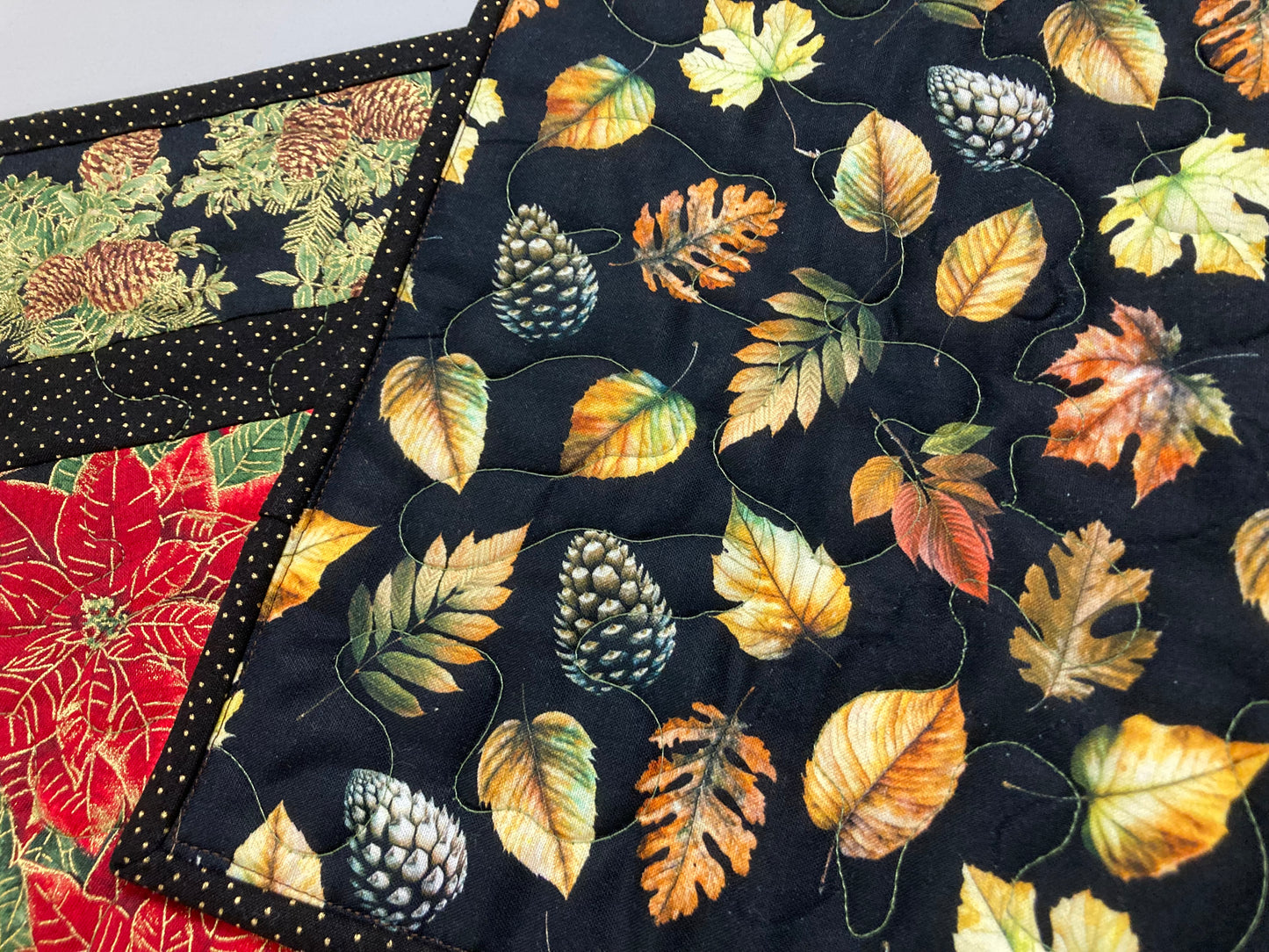 Christmas Holly Poinsettia Quilted Table Runner, Flowers Pine Cones, Winter Holiday Dining Coffee Table 13x48" Reversible Fall Leaves Autumn