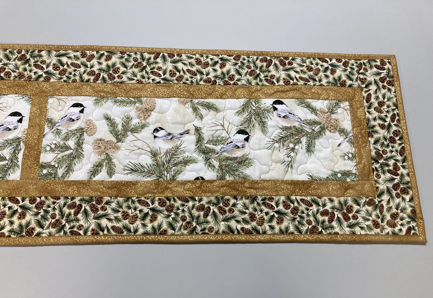 Pine Cone Mountain Chickadees Quilted Table Runner, 13x71", Reversible Fall Birds Buffet Coffee Dining Table Decor Winter Christmas Everyday