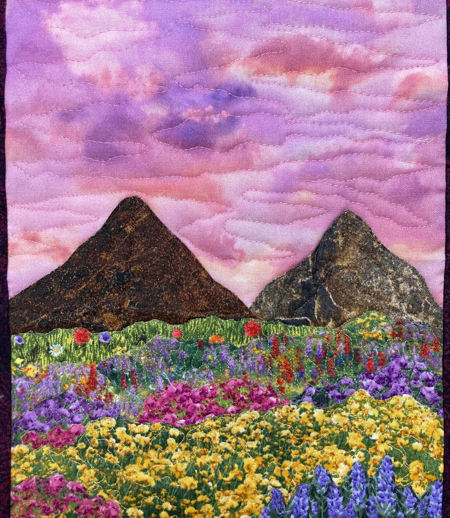 Sunset Wildflower Meadow Mountain Landscape Art Quilt, Textile Art 13x15", Tapestry Fabric Small Wall Art Hanging, Purple Yellow Flowers