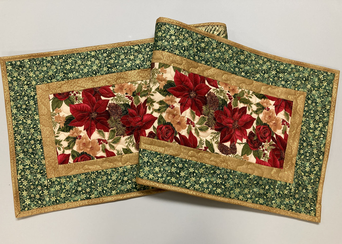 Christmas Holly Poinsettia Quilted Table Runner, Flowers Pine Cones, Winter Holiday Dining Coffee Table 14x48" Reversible Fall Leaves Autumn