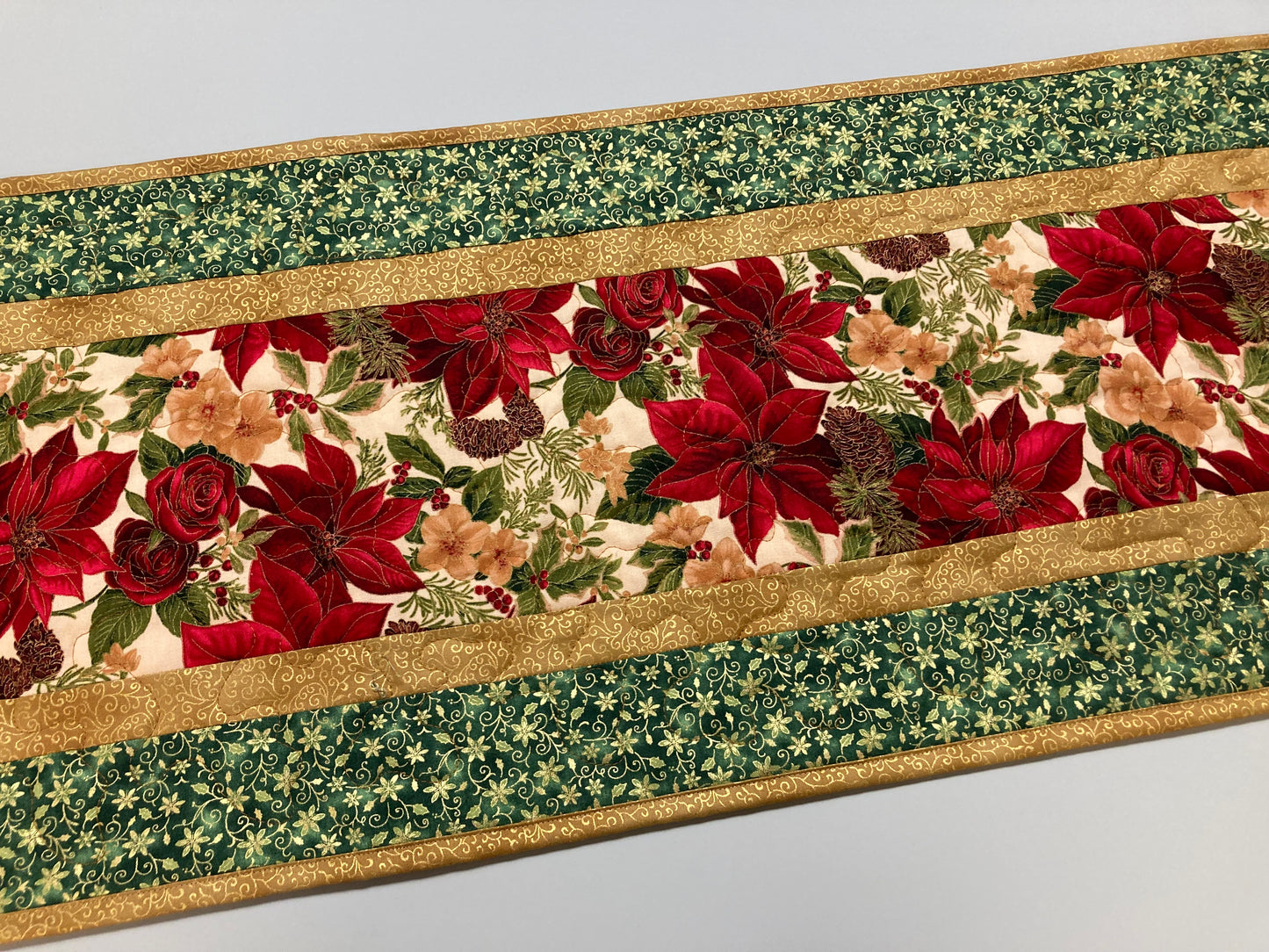 Christmas Holly Poinsettia Quilted Table Runner, Flowers Pine Cones, Winter Holiday Dining Coffee Table 14x48" Reversible Fall Leaves Autumn