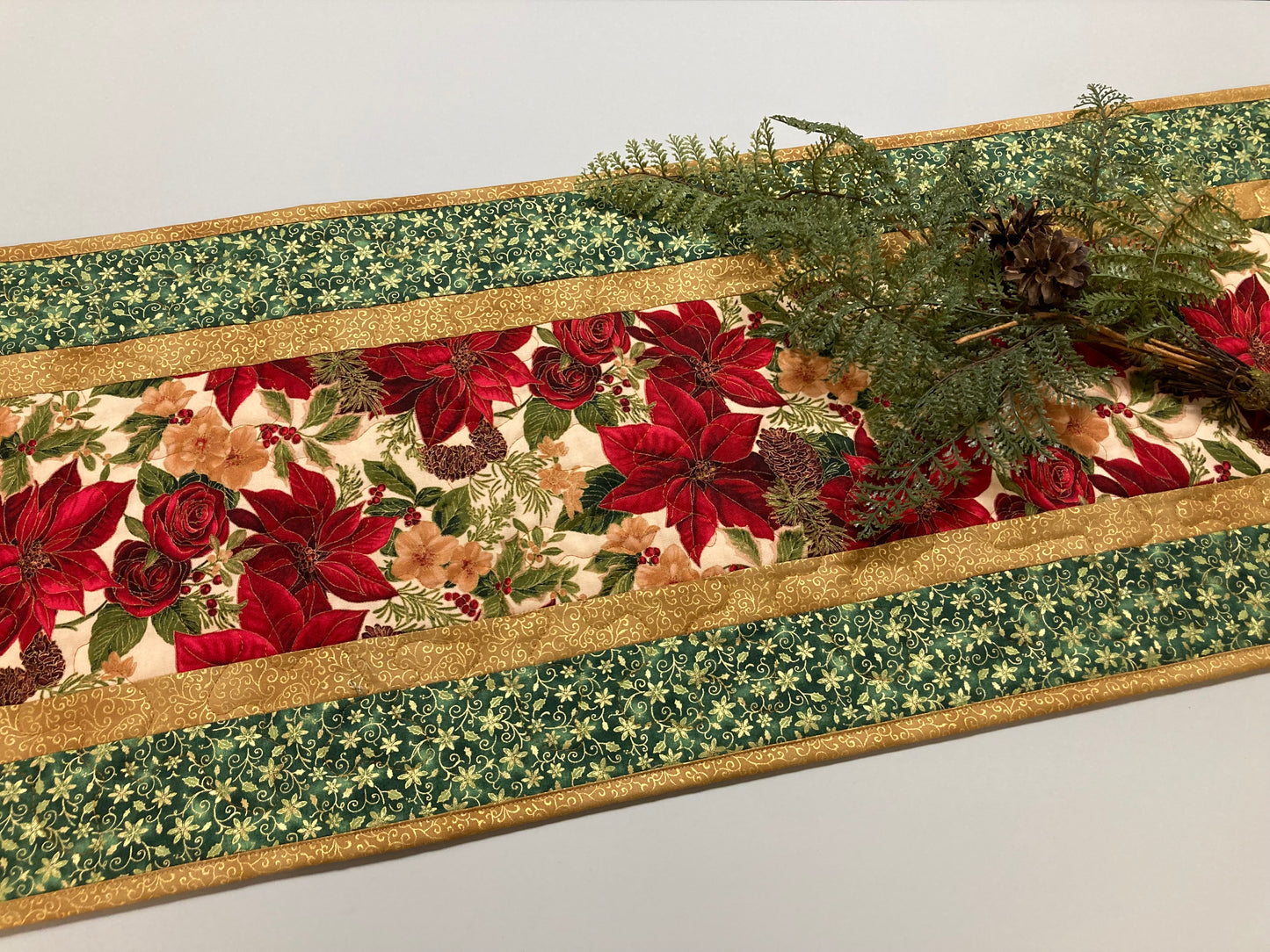 Christmas Holly Poinsettia Quilted Table Runner, Flowers Pine Cones, Winter Holiday Dining Coffee Table 14x48" Reversible Fall Leaves Autumn