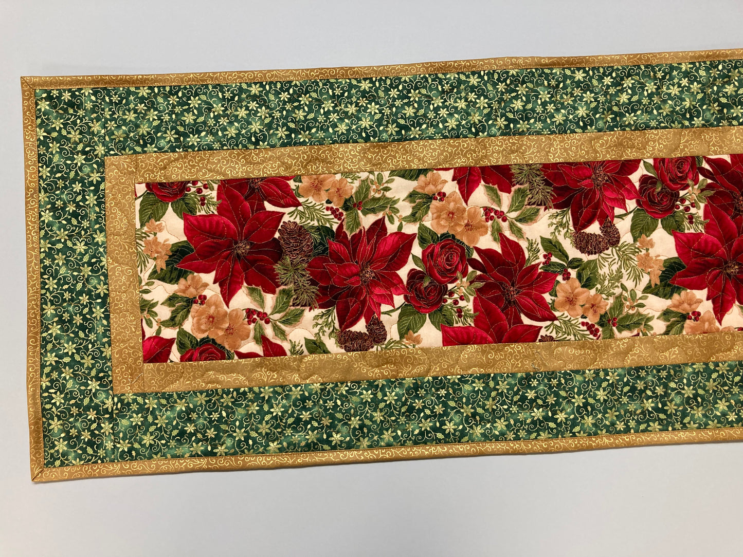 Christmas Holly Poinsettia Quilted Table Runner, Flowers Pine Cones, Winter Holiday Dining Coffee Table 14x48" Reversible Fall Leaves Autumn