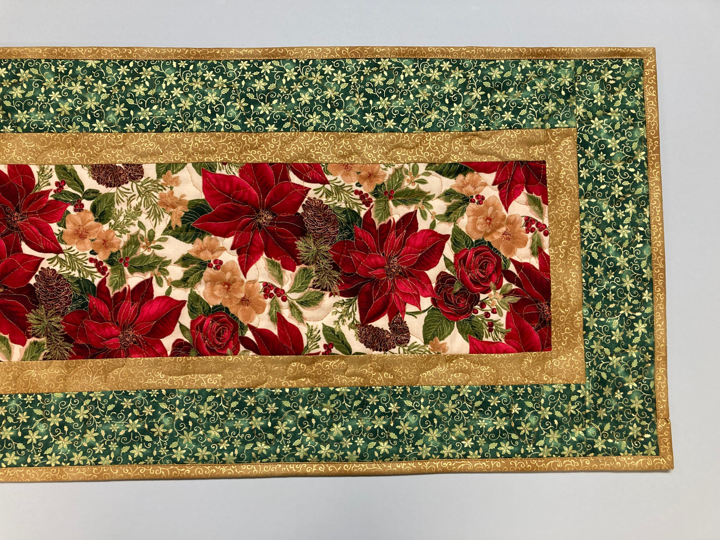 Christmas Holly Poinsettia Quilted Table Runner, Flowers Pine Cones, Winter Holiday Dining Coffee Table 14x48" Reversible Fall Leaves Autumn