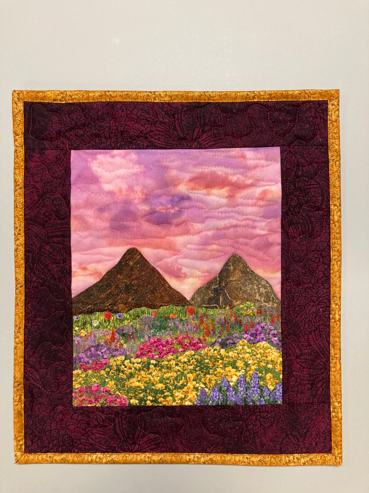 Sunset Wildflower Meadow Mountain Landscape Art Quilt, Textile Art 13x15", Tapestry Fabric Small Wall Art Hanging, Purple Yellow Flowers