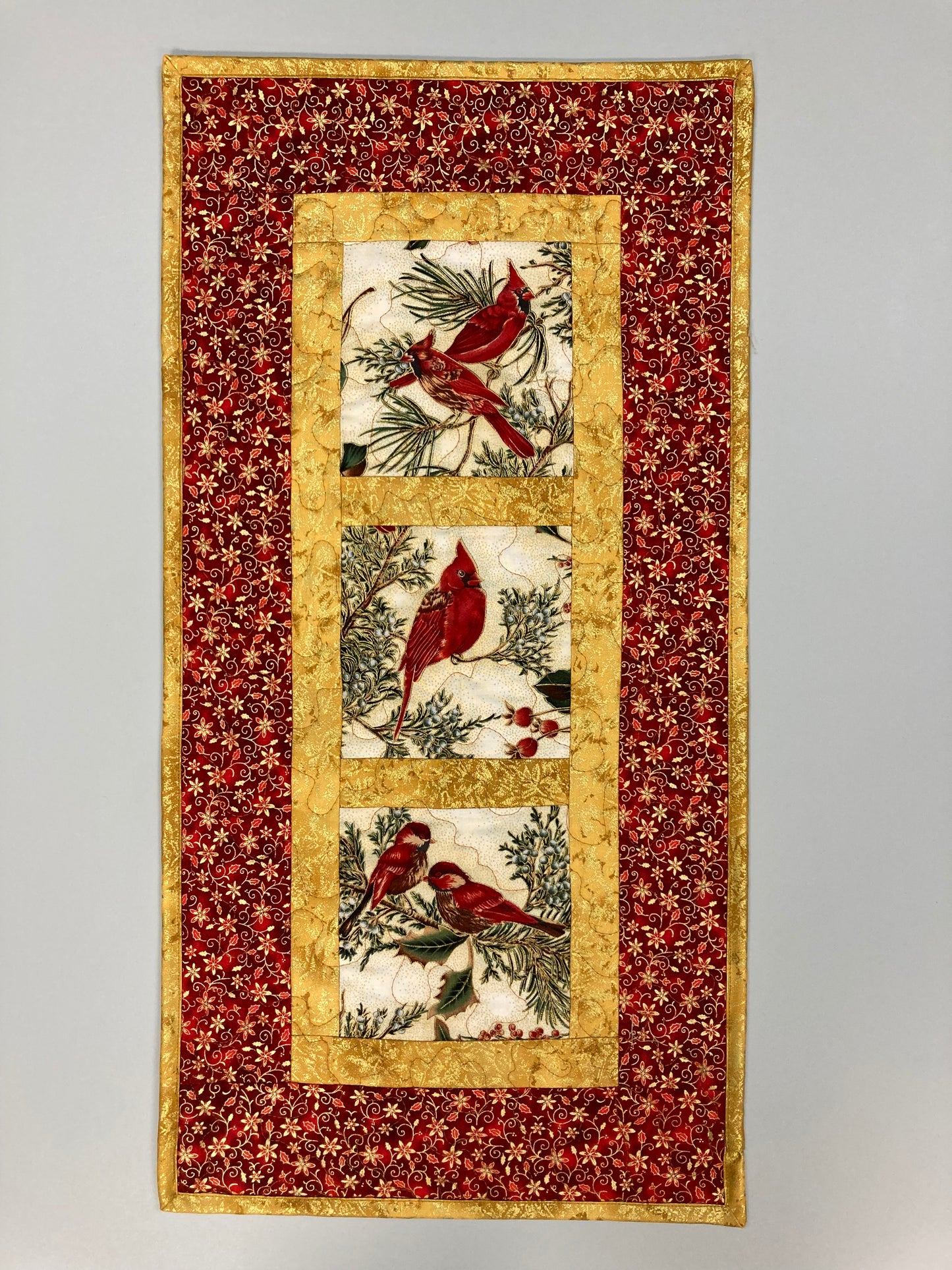 Red Cardinals Winter Bird Quilted Wall Hanging, 13x24", Christmas Holiday Artwork Vertical Narrow, Bird Lover Quilted Decor Handmade