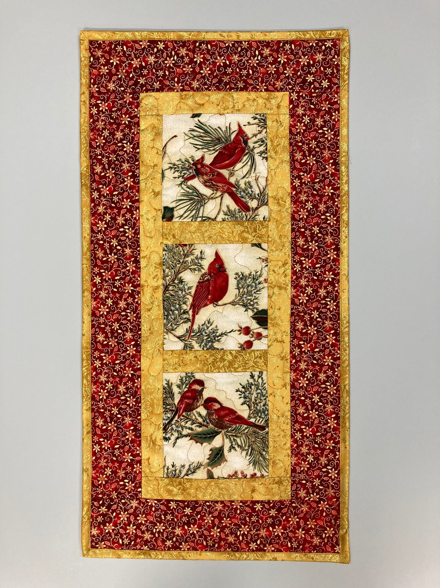 Red Cardinals Winter Bird Quilted Wall Hanging, 13x24", Christmas Holiday Artwork Vertical Narrow, Bird Lover Quilted Decor Handmade