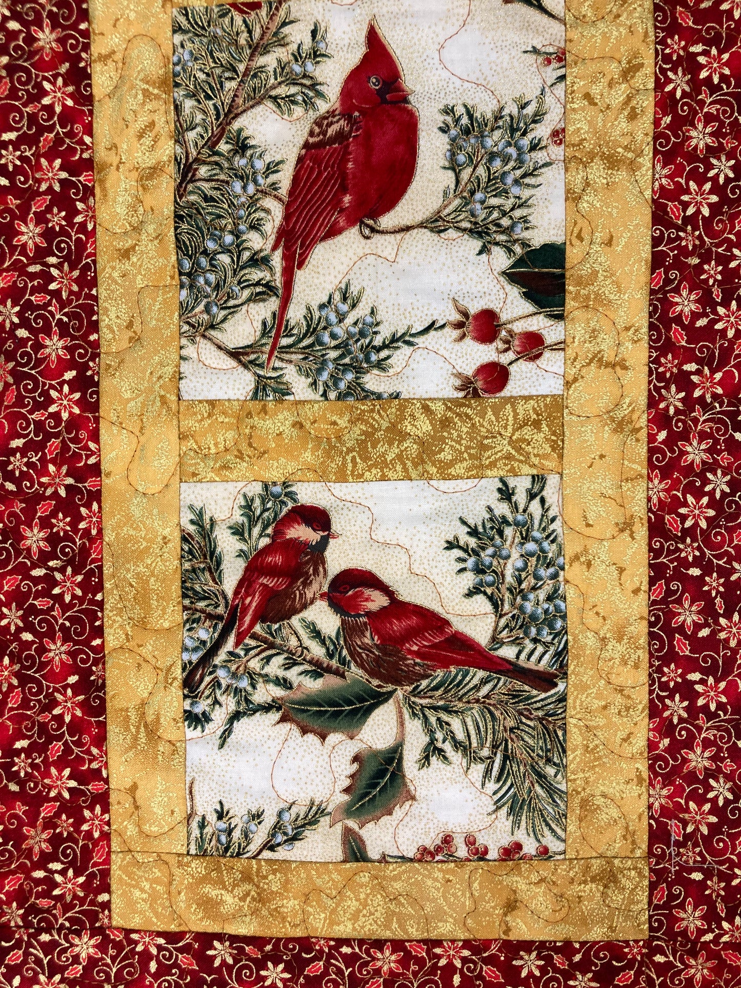 Red Cardinals Winter Bird Quilted Wall Hanging, 13x24", Christmas Holiday Artwork Vertical Narrow, Bird Lover Quilted Decor Handmade