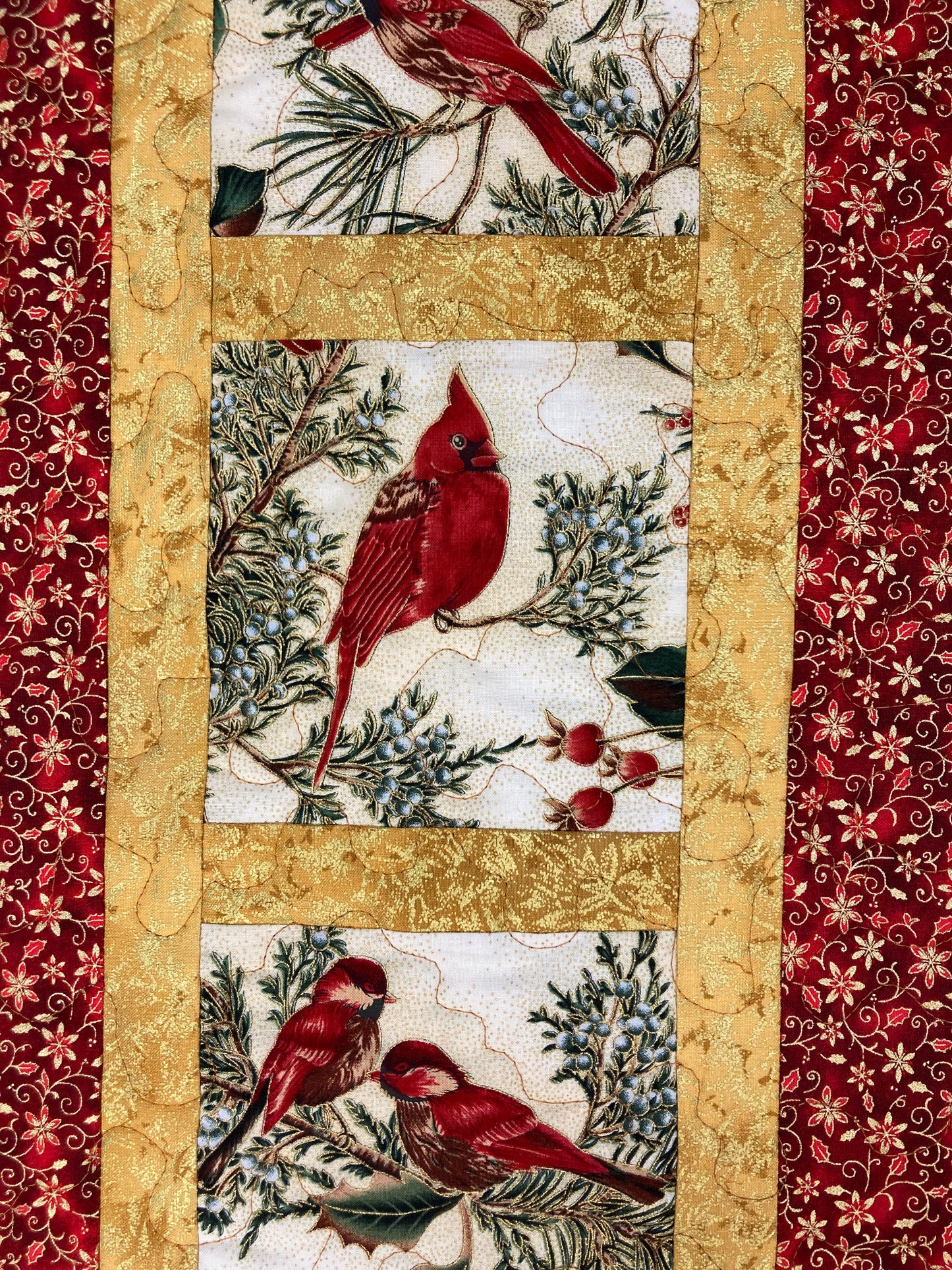 Red Cardinals Winter Bird Quilted Wall Hanging, 13x24", Christmas Holiday Artwork Vertical Narrow, Bird Lover Quilted Decor Handmade