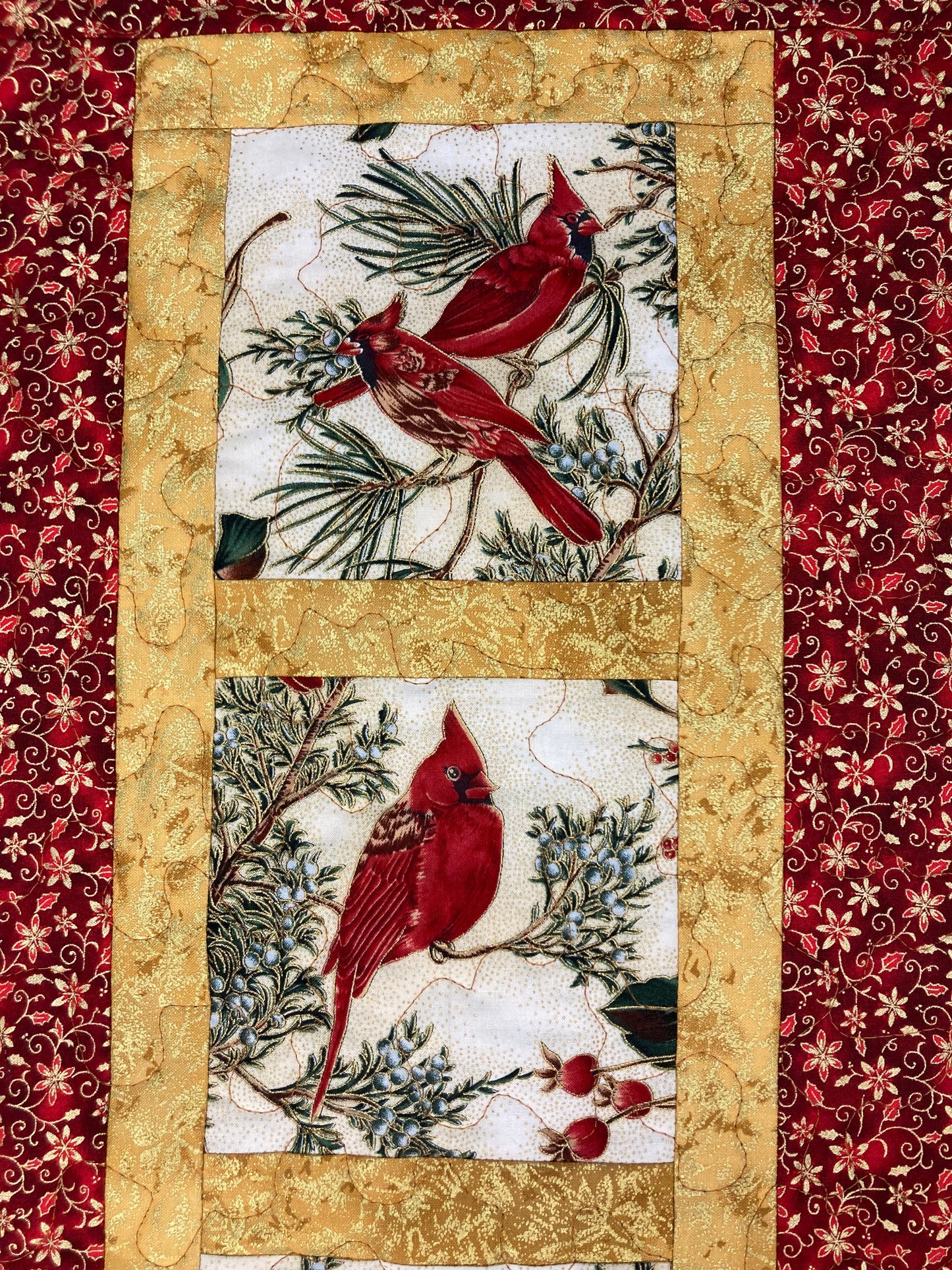 Red Cardinals Winter Bird Quilted Wall Hanging, 13x24", Christmas Holiday Artwork Vertical Narrow, Bird Lover Quilted Decor Handmade