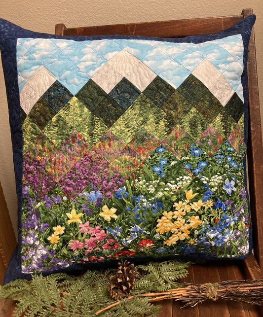 Mountain Wildflowers Decorative Pillow, Trees Sky Landscape Pillow 20x20", Alpine Woods Lake Retreat Garden, Sofa Bed Original Handmade Art