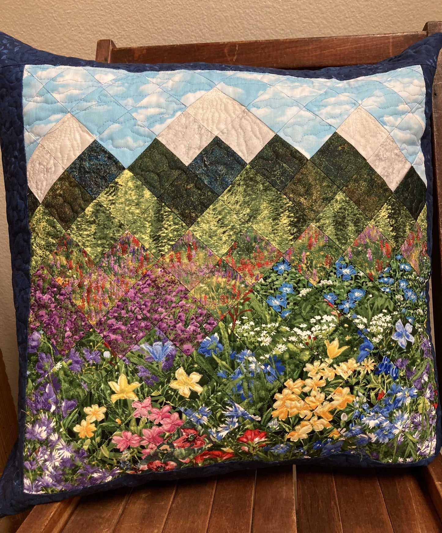 Mountain Wildflowers Decorative Pillow, Trees Sky Landscape Pillow 20x20", Alpine Woods Lake Retreat Garden, Sofa Bed Original Handmade Art