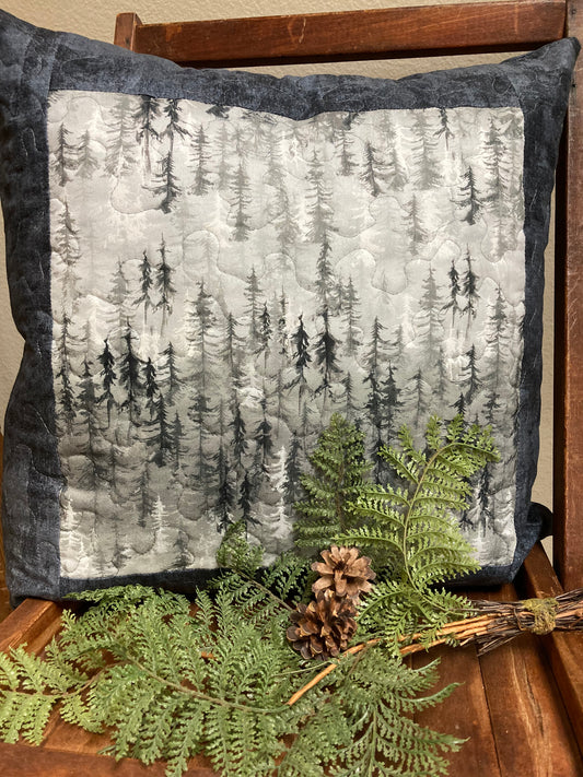 Winter Trees Gray Decorative Pillow 20x20" Cotton, Woods Cabin Lodge Bedroom Living Room, Sofa Chair Mountain Everyday Decor Handmade