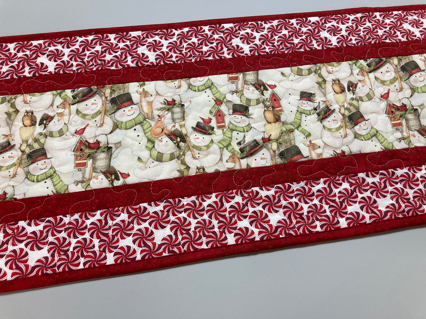 Peppermint Candies Snowman Christmas Table Runner, 13x48" Quilted Dining Table, Reversible, Winter Holiday, Buffet Coffee Table, Handmade