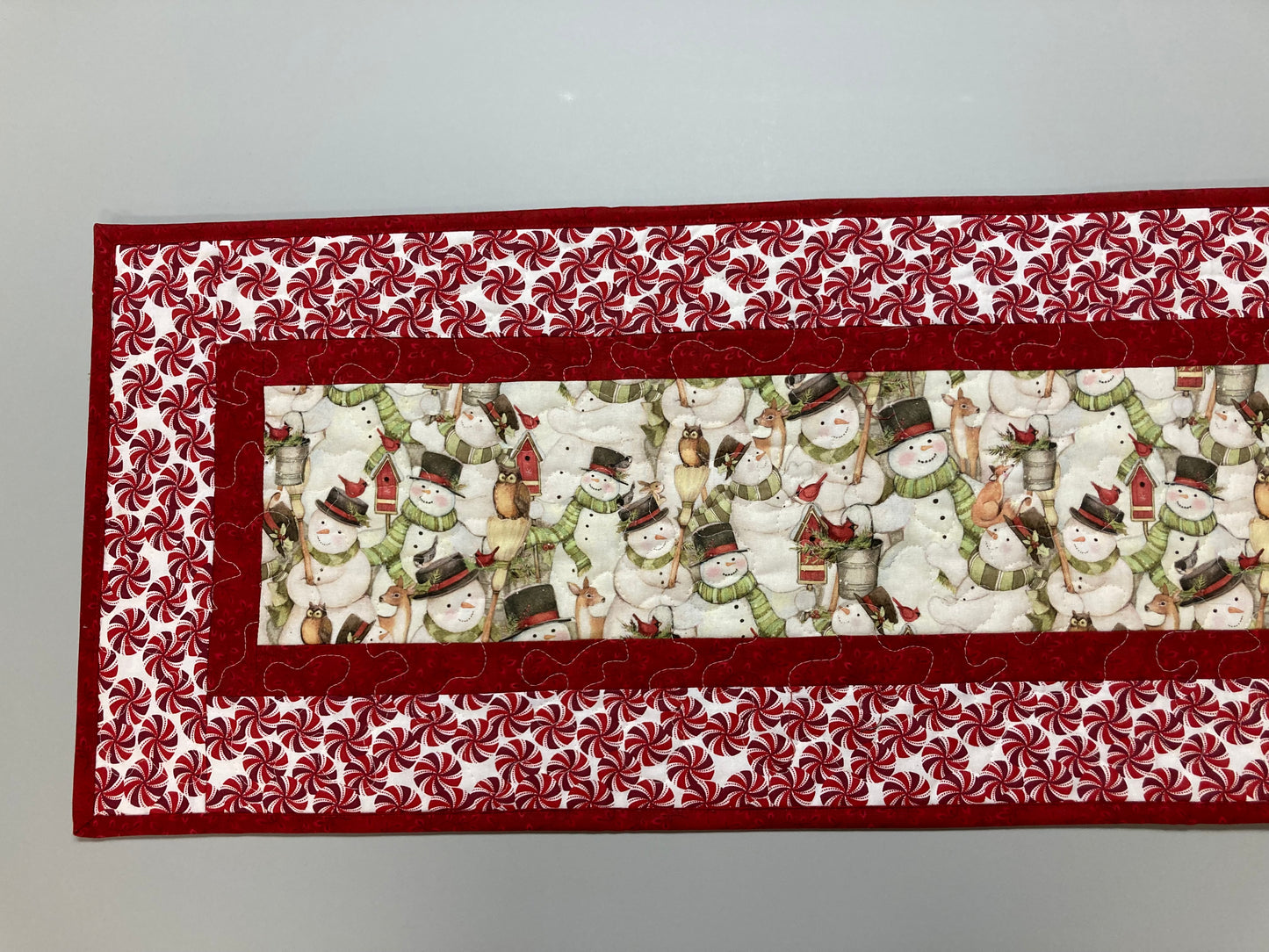 Peppermint Candies Snowman Christmas Table Runner, 13x48" Quilted Dining Table, Reversible, Winter Holiday, Buffet Coffee Table, Handmade