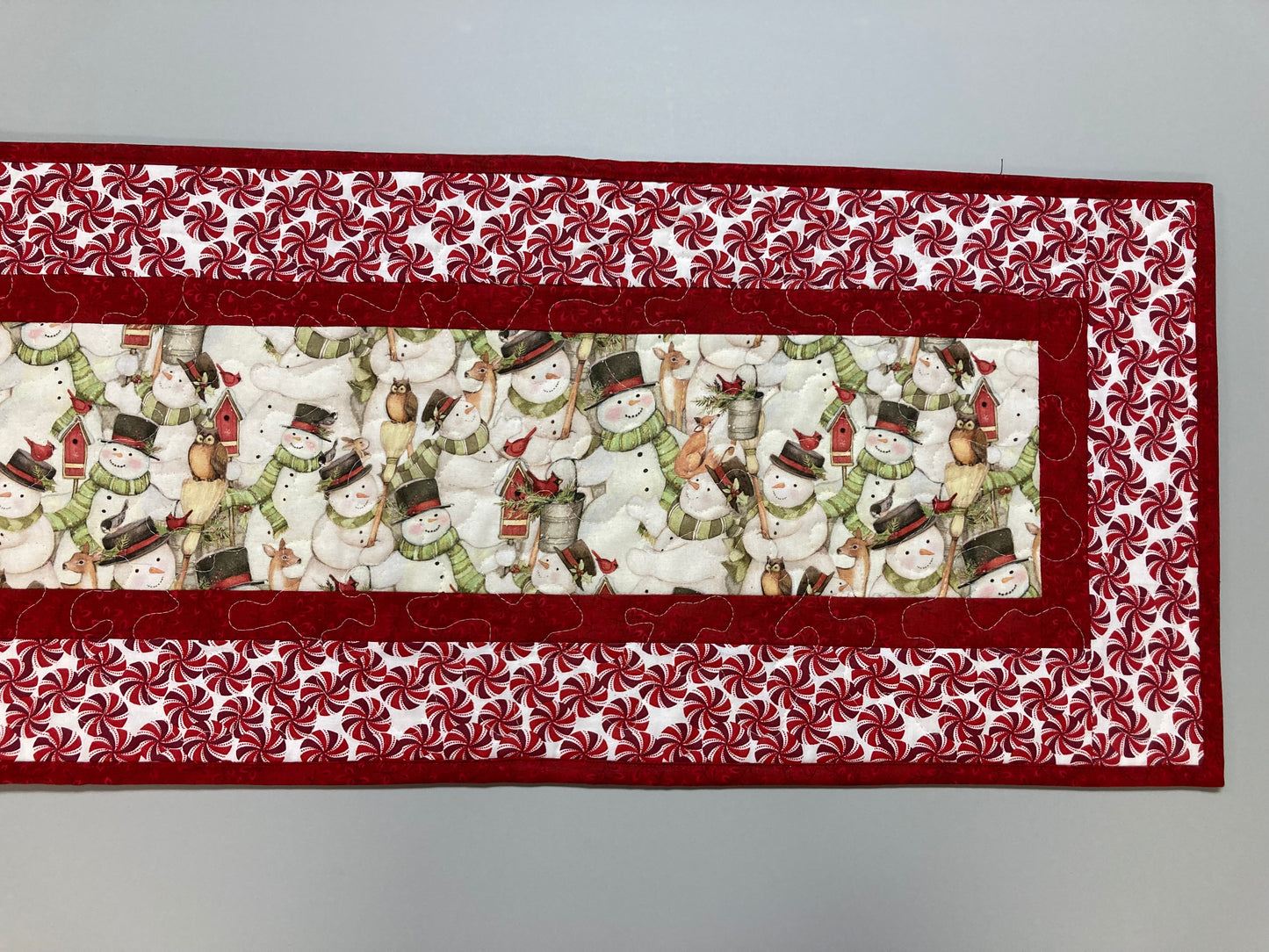 Peppermint Candies Snowman Christmas Table Runner, 13x48" Quilted Dining Table, Reversible, Winter Holiday, Buffet Coffee Table, Handmade