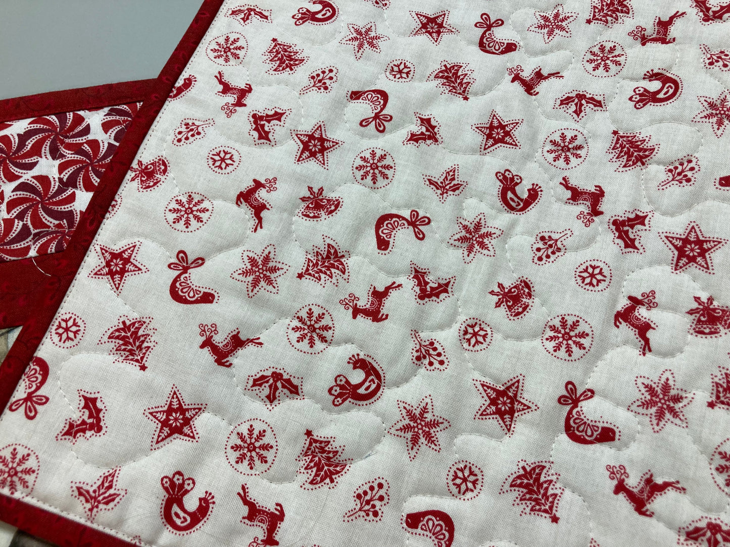 Peppermint Candies Snowman Christmas Table Runner, 13x48" Quilted Dining Table, Reversible, Winter Holiday, Buffet Coffee Table, Handmade