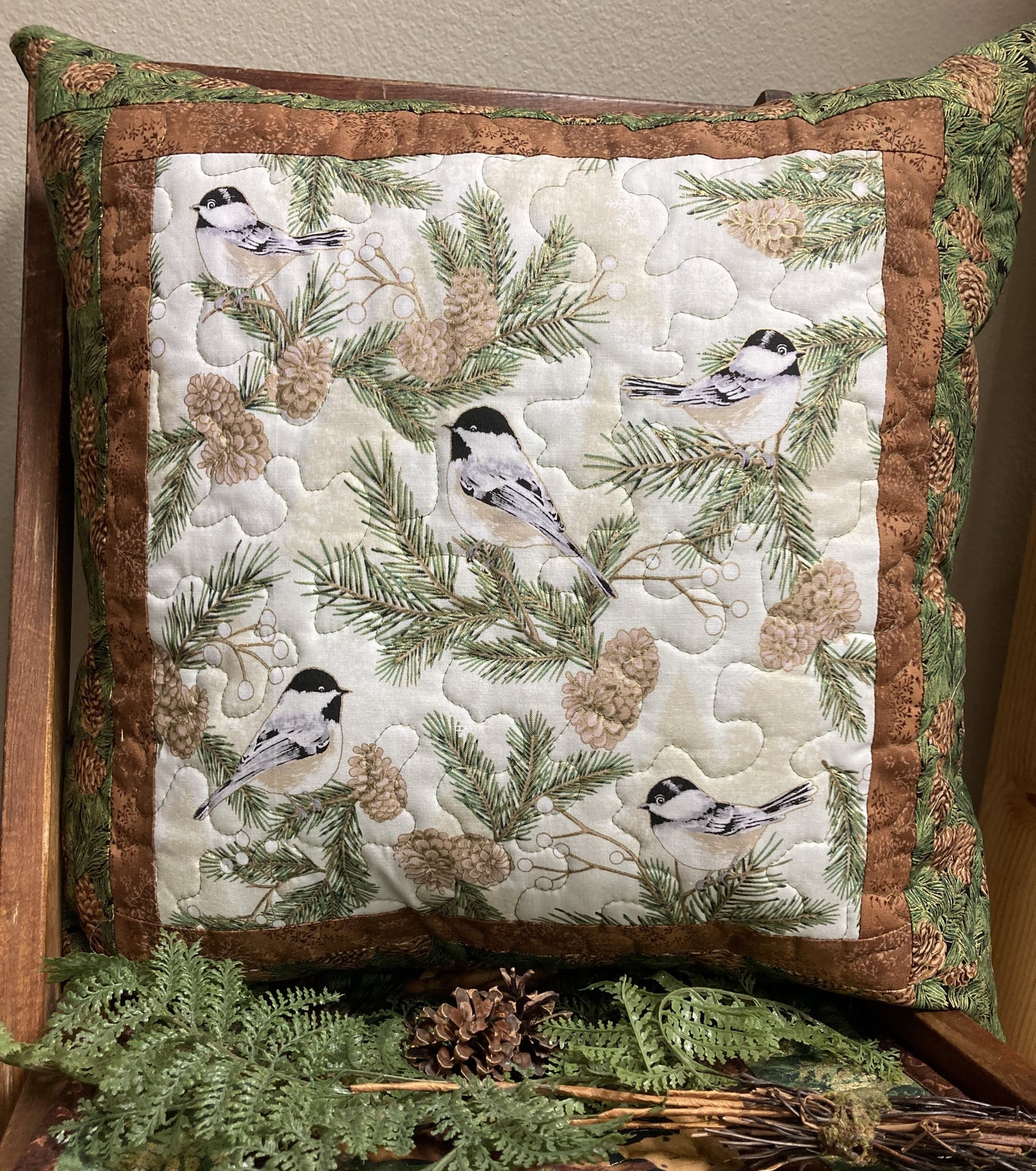 Mountain Chickadee Tree Branches Pine Cones Decorative Pillow, 20x20" Cotton, Woods Lodge Bedroom Living Room Decor, Sofa Chair Handmade