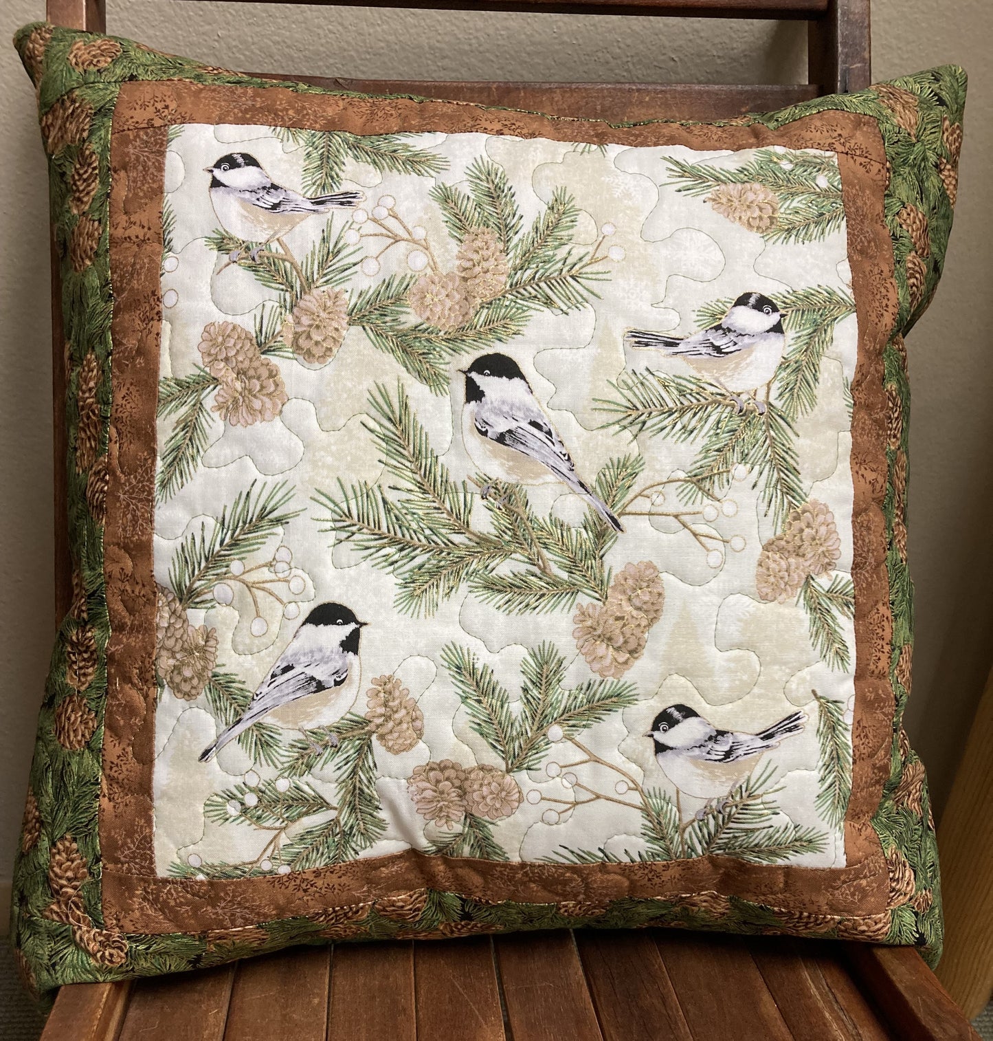 Mountain Chickadee Tree Branches Pine Cones Decorative Pillow, 20x20" Cotton, Woods Lodge Bedroom Living Room Decor, Sofa Chair Handmade