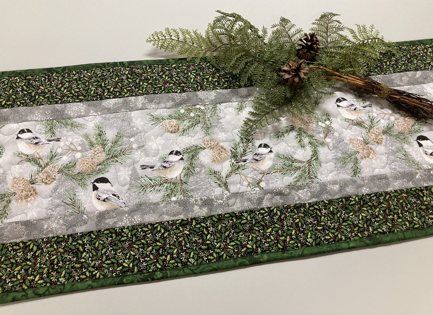 Mountain Chickadees Snowy Trees Quilted Table Runner 13x48" Reversible Summer Birds End Coffee Dining Table Decor Winter Christmas Everyday