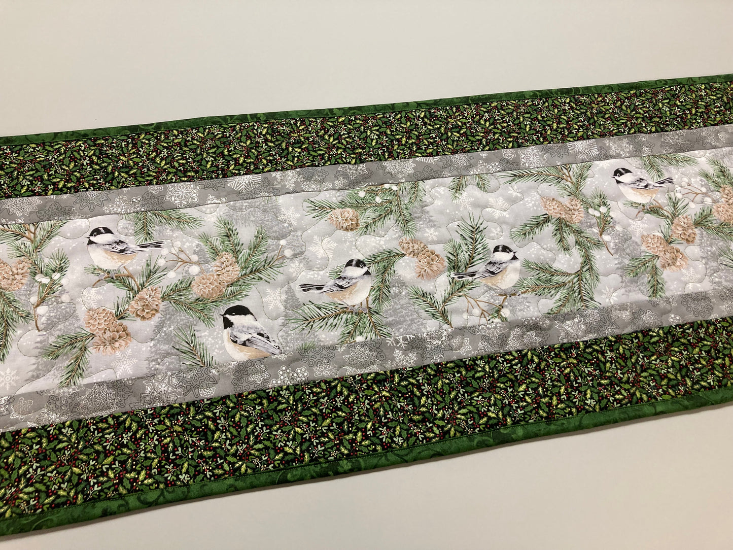 Mountain Chickadees Snowy Trees Quilted Table Runner 13x48" Reversible Summer Birds End Coffee Dining Table Decor Winter Christmas Everyday