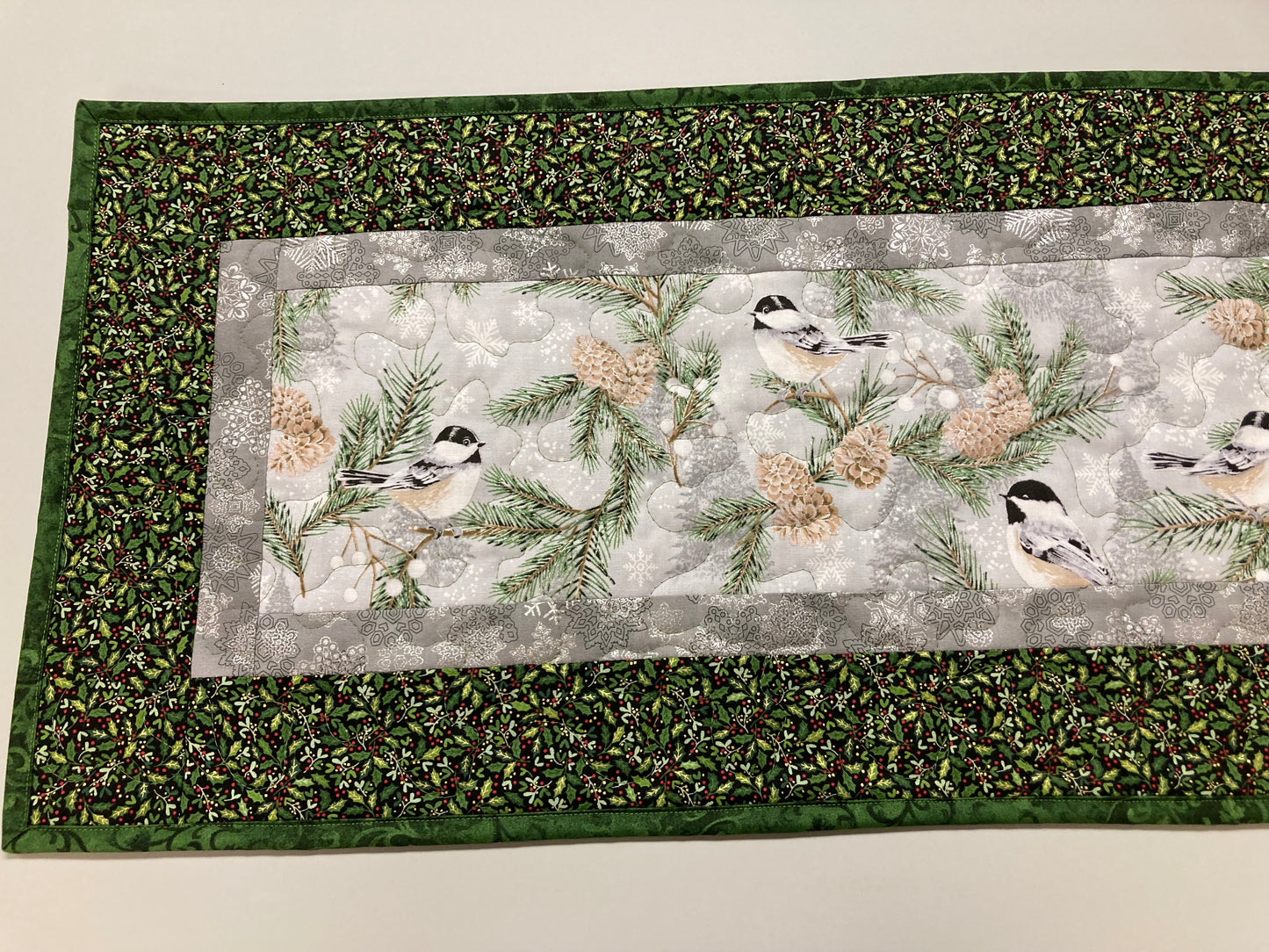 Mountain Chickadees Snowy Trees Quilted Table Runner 13x48" Reversible Summer Birds End Coffee Dining Table Decor Winter Christmas Everyday