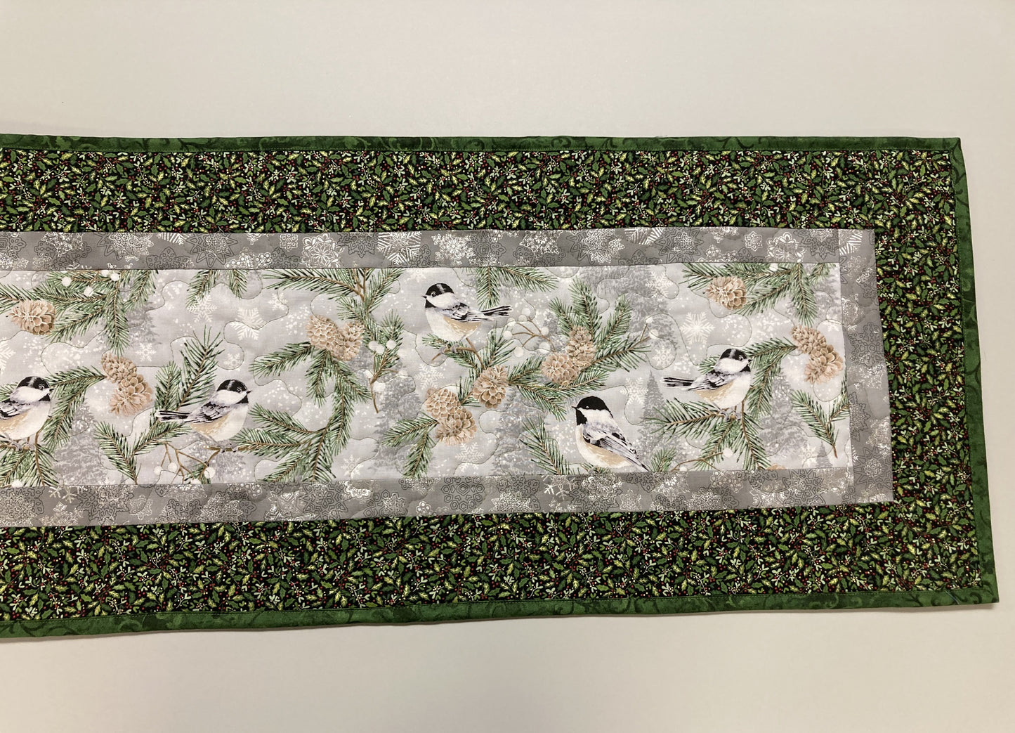 Mountain Chickadees Snowy Trees Quilted Table Runner 13x48" Reversible Summer Birds End Coffee Dining Table Decor Winter Christmas Everyday