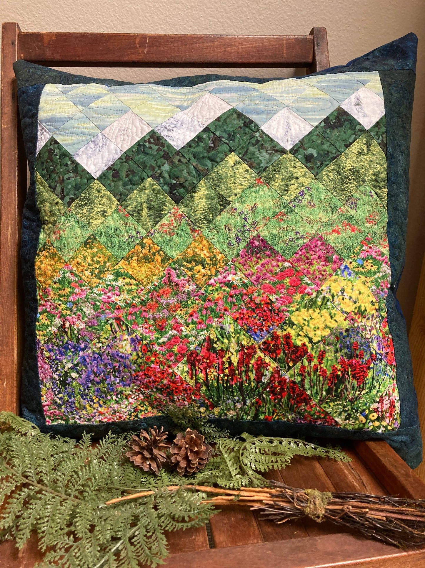 Mountain Decorative Pillow, Wildflowers Trees Mountain Sky Landscape Pillow 20x20 inch Cotton Lake Tahoe Cabin Lodge Decor, Texas Flowers