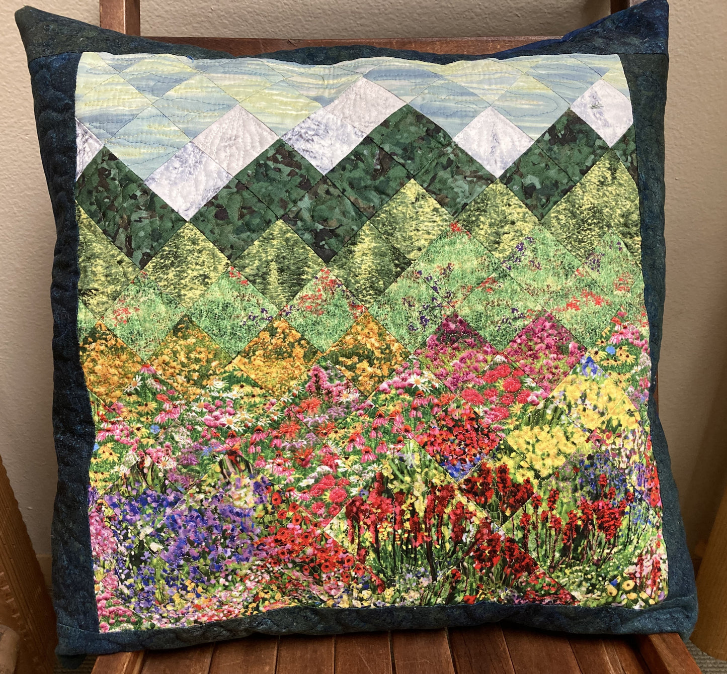 Mountain Decorative Pillow, Wildflowers Trees Mountain Sky Landscape Pillow 20x20 inch Cotton Lake Tahoe Cabin Lodge Decor, Texas Flowers