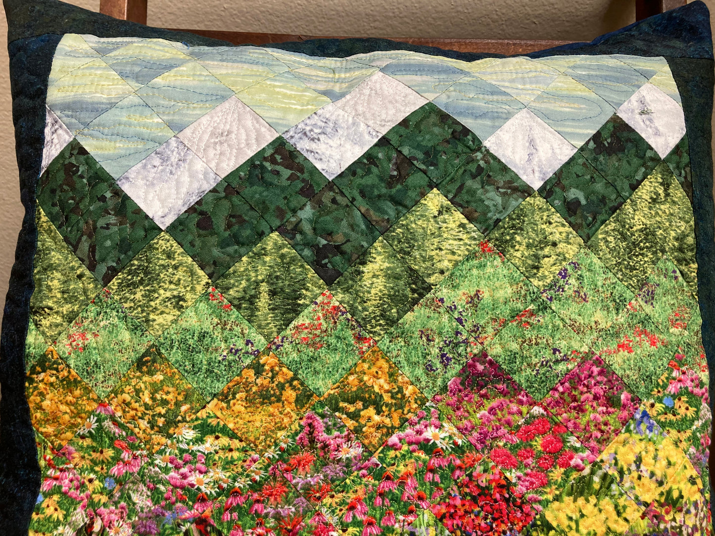 Mountain Decorative Pillow, Wildflowers Trees Mountain Sky Landscape Pillow 20x20 inch Cotton Lake Tahoe Cabin Lodge Decor, Texas Flowers