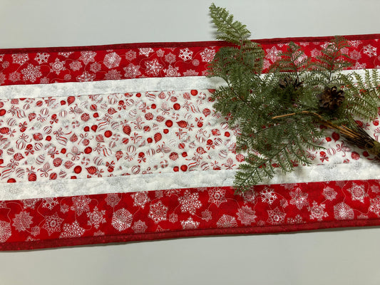 Red Silver Christmas Ornaments Quilted Dining Table Runner, 13x48", Winter Holiday Coffee End Table, Dresser Scarf Reversible Spring Green