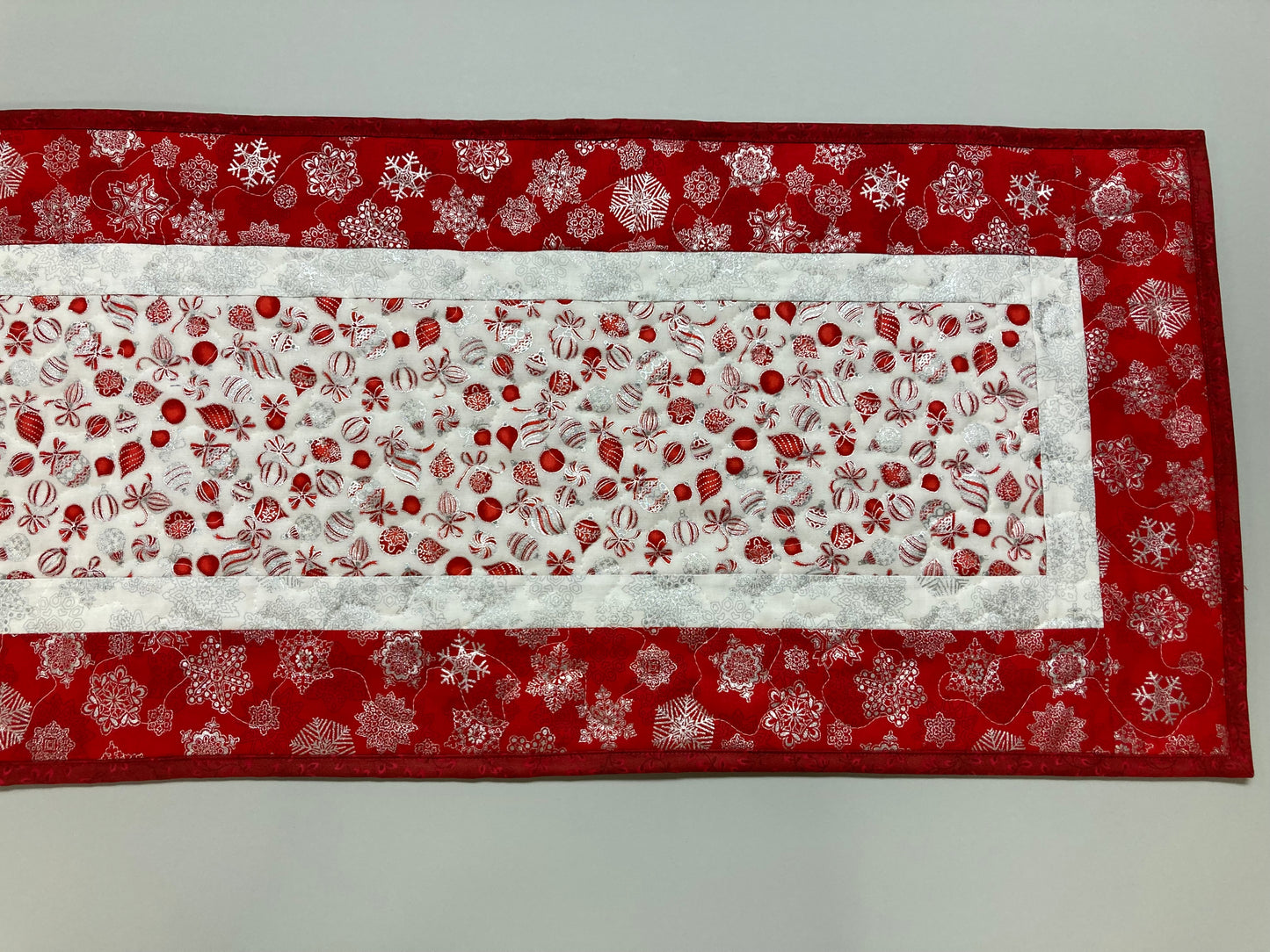 Red Silver Christmas Ornaments Quilted Dining Table Runner, 13x48", Winter Holiday Coffee End Table, Dresser Scarf Reversible Spring Green